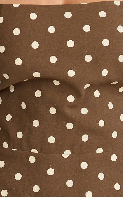 Leighton Maxi Dress - Cross Over Spaghetti Straps Square Neck A Line Dress in Choc/Cream Polka Dot