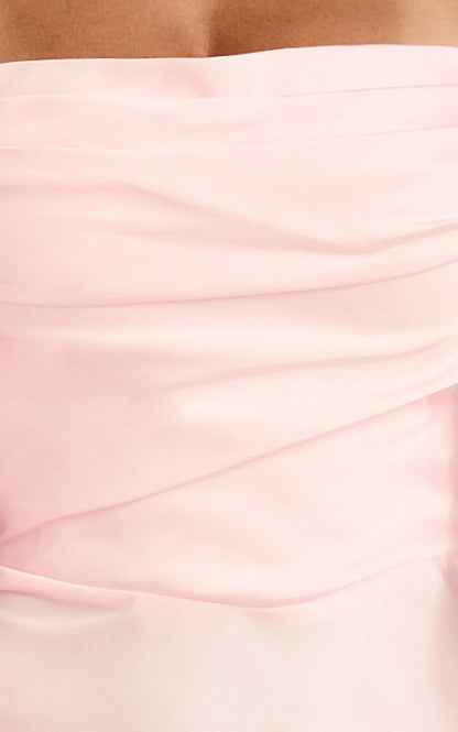 Belrose Mini Dress - Satin Square Neck Ruffle Front Bodycon Dress in Baby Pink