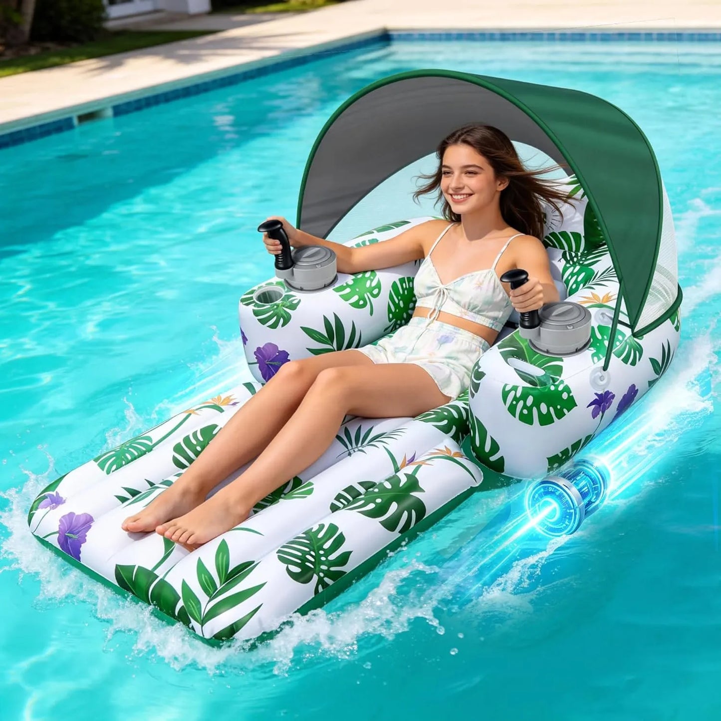 🌊 Electric Motorized Pool Float | Rechargeable Dual-Motor Lounge Raft with Canopy