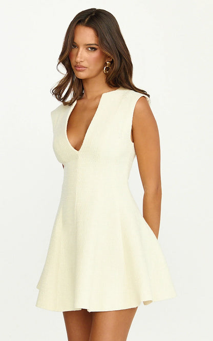 Nelson Mini Dress - Low Cut Boucle Fit & Flare Mini Dress in Cream