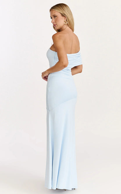 Opal Maxi Dress - Off Shoulder Gathered Bodice Fit And Flare Dress in Blue