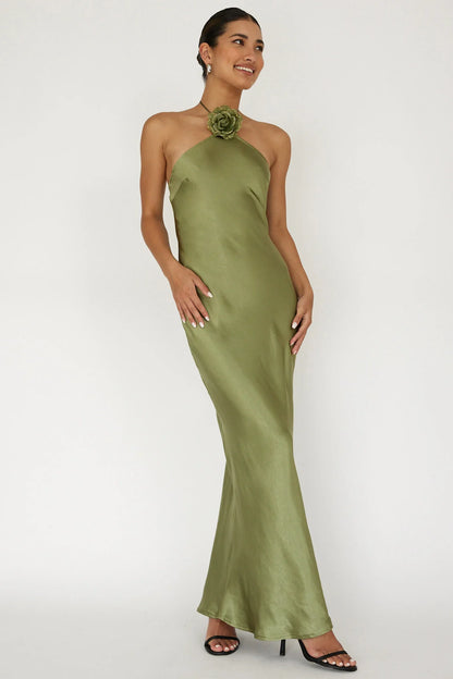 High Roller Flower Decoration Halter Dress Olive