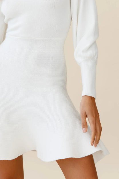 Montmarte Lantern Sleeve Fluted Hem Dress White