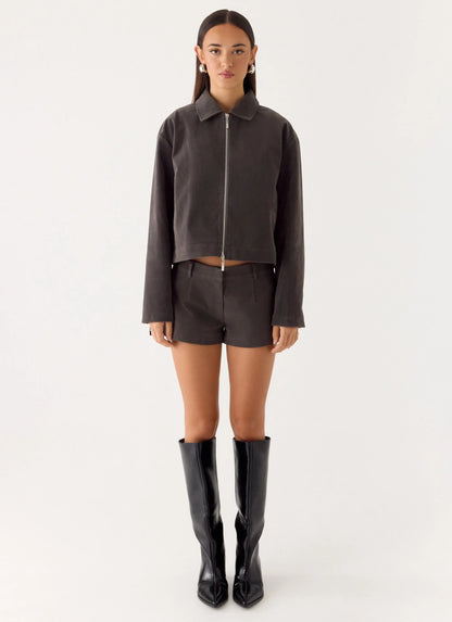 Austina Faux Suede Boxy Jacket - Tan Grey