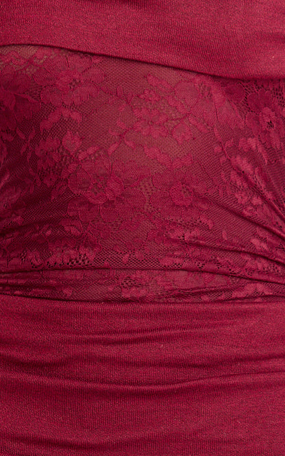 Juliet Maxi Dress - Off Shoulder Long Sleeve Ruched Overlay Lace Dress in Wine
