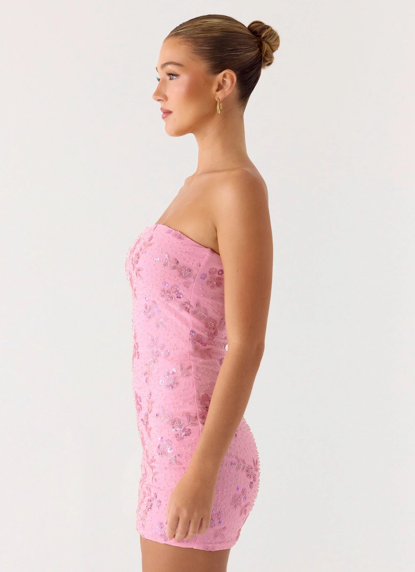 Push Back Beaded Sequin Mini Dress - Pink