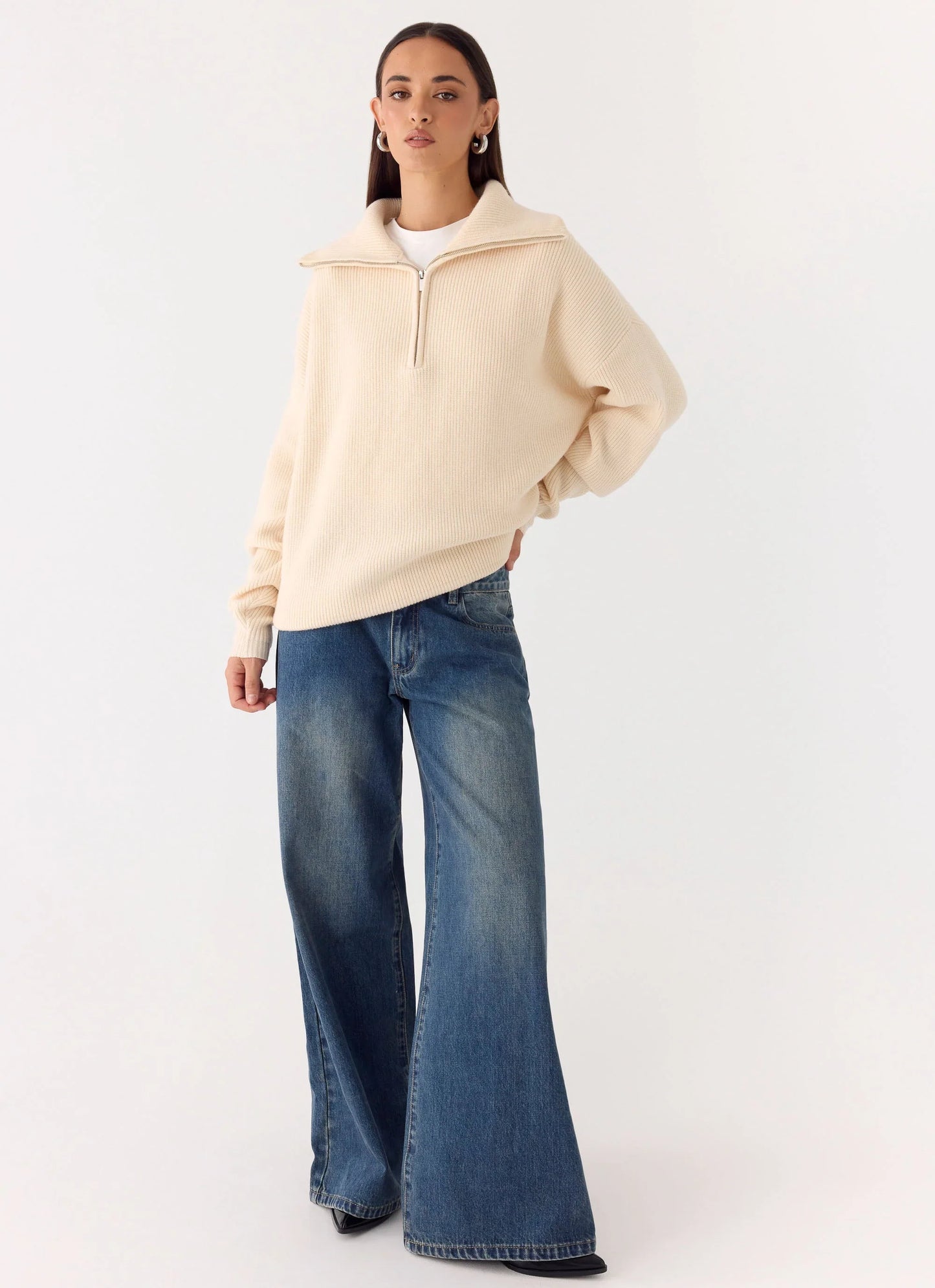 Eirena Quarter Zip Knit Sweater - Cream