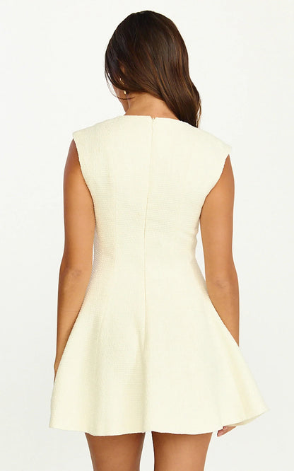 Nelson Mini Dress - Low Cut Boucle Fit & Flare Mini Dress in Cream