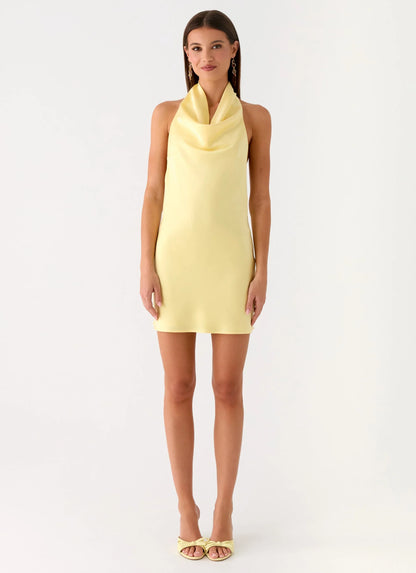 Soft Focus Cowl Neck Mini Dress - Yellow