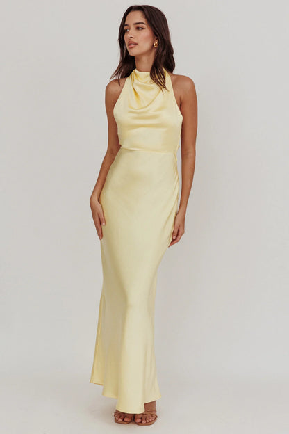 Gelato Pearl Strap Halter Maxi Dress Butter