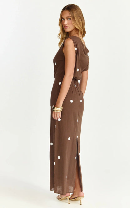 Cia Maxi Dress - Tipped Shoulder Linen Polkadot Dress in Chocolate