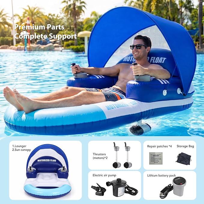 🌊 Electric Motorized Pool Float | Rechargeable Dual-Motor Lounge Raft with Canopy