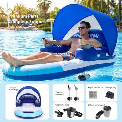 🌊 Electric Motorized Pool Float | Rechargeable Dual-Motor Lounge Raft with Canopy