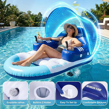 🌊 Electric Motorized Pool Float | Rechargeable Dual-Motor Lounge Raft with Canopy