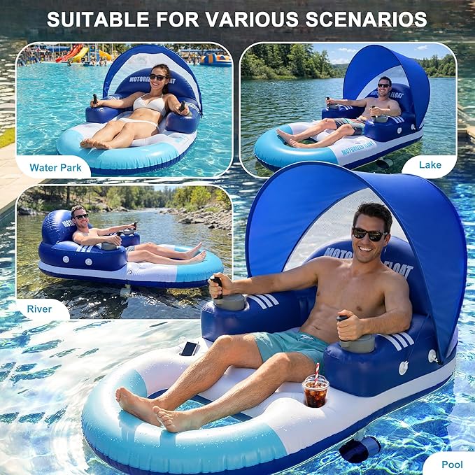🌊 Electric Motorized Pool Float | Rechargeable Dual-Motor Lounge Raft with Canopy