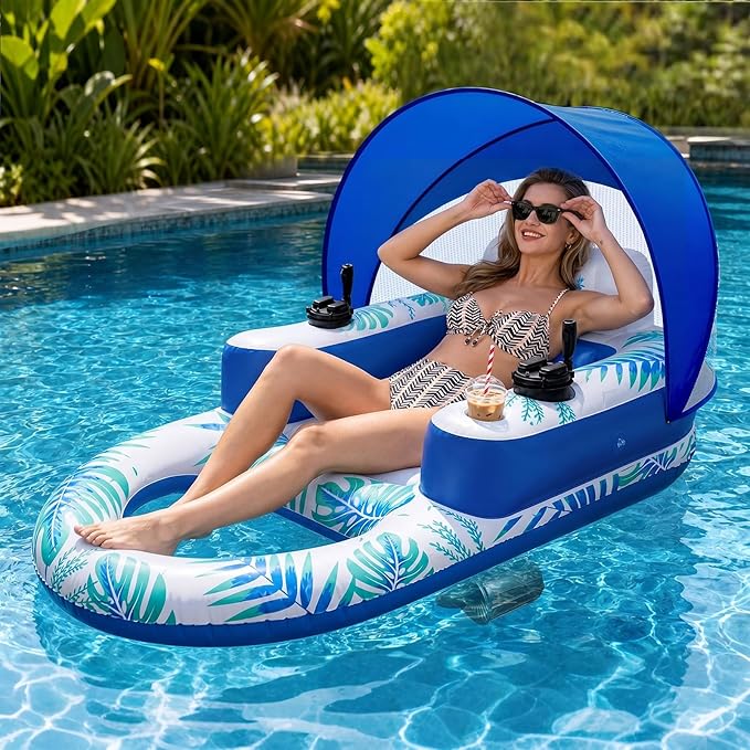 🌊 Electric Motorized Pool Float | Rechargeable Dual-Motor Lounge Raft with Canopy