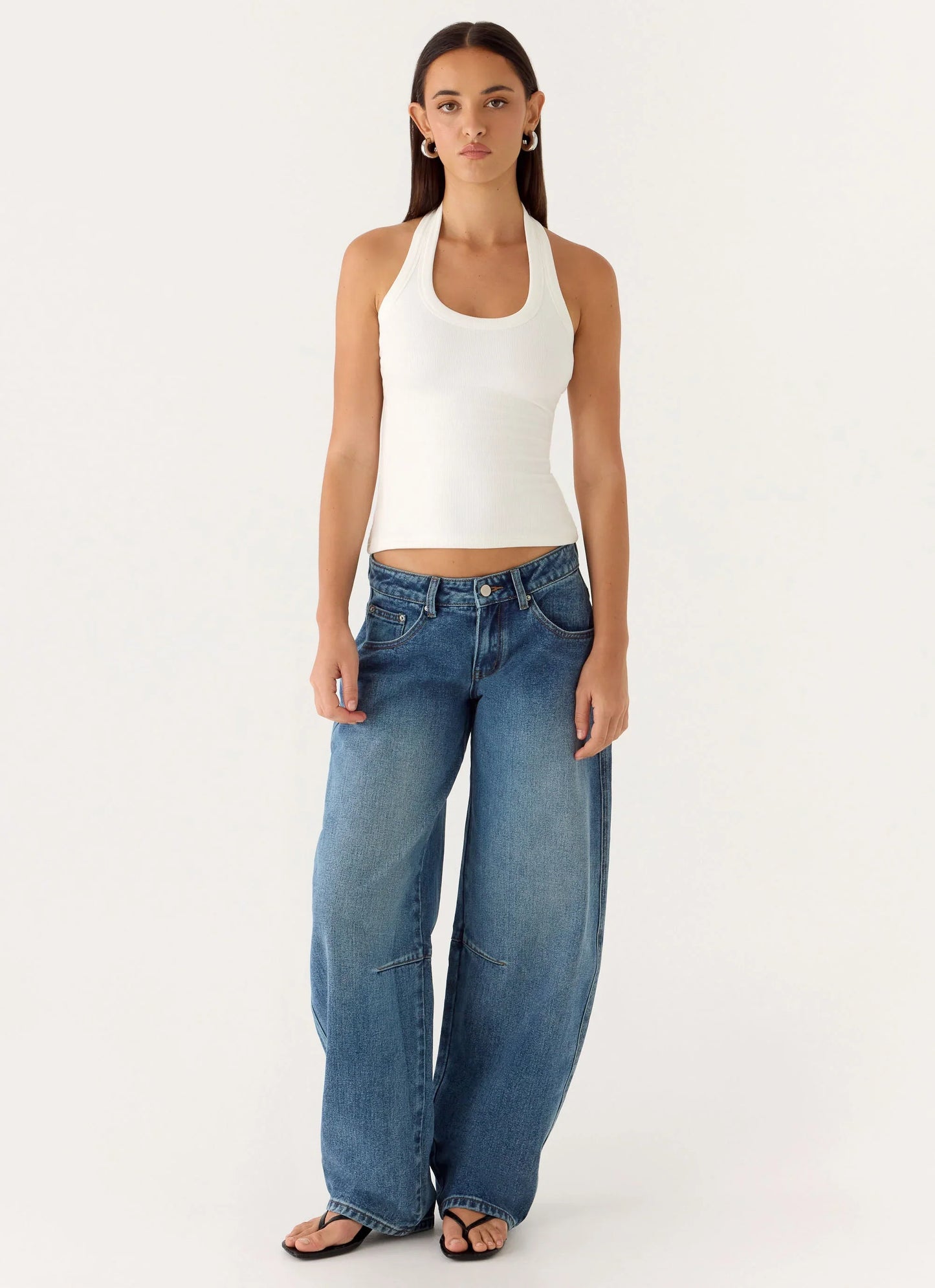 Stevie Low Rise Barrel Leg Denim Jeans - Mid Wash Blue