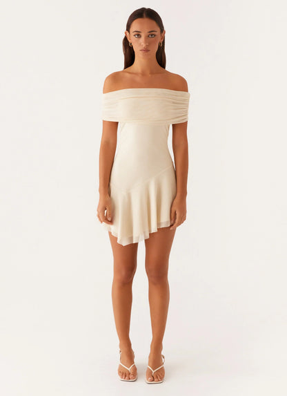 Finola Off Shoulder Mini Dress - Pastel Yellow