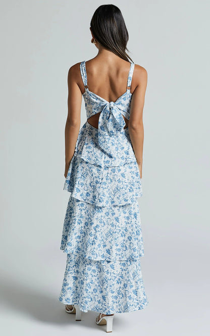 Lorma Midi Dress - Ruched Layered Dress in Blue Floral