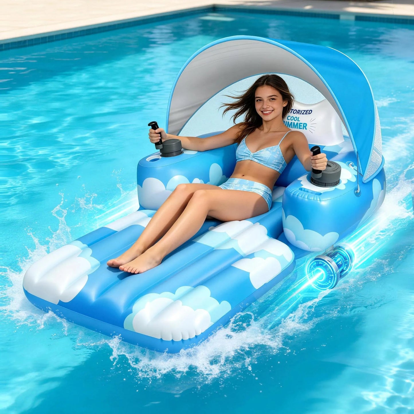 🌊 Electric Motorized Pool Float | Rechargeable Dual-Motor Lounge Raft with Canopy