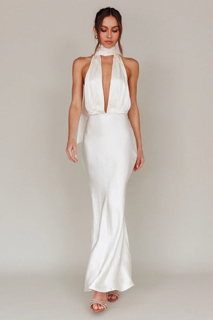 Italia Azure Halterneck Maxi Dress Oyster