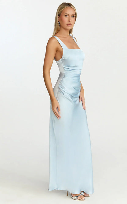 Rumi Midi Dress - Rushed Bodiest Satin Dress in Pale Blue