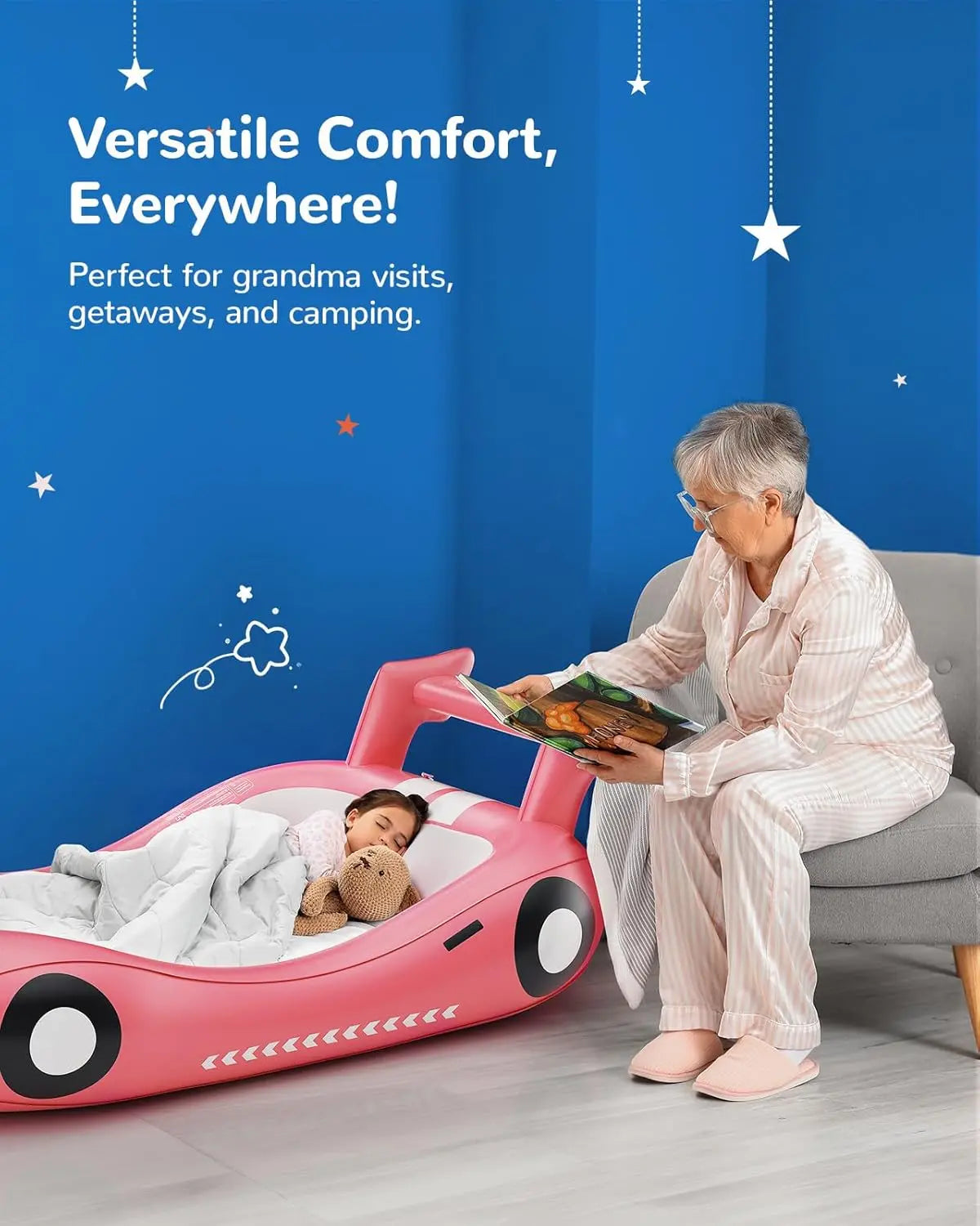 🛏️ Inflatable Kids Travel Bed, 👶 Toddler Airbed with Sides, Hand Pump Included, Portable Racing Car Design, Safe Materials for Camping, Traveling Hotel Home Use Self Inflating Bed Quick Inflate homeessentials