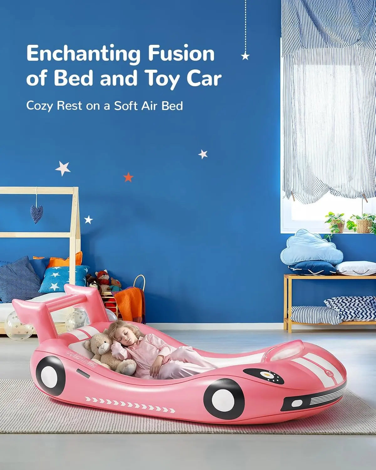 🛏️ Inflatable Kids Travel Bed, 👶 Toddler Airbed with Sides, Hand Pump Included, Portable Racing Car Design, Safe Materials for Camping, Traveling Hotel Home Use Self Inflating Bed Quick Inflate homeessentials