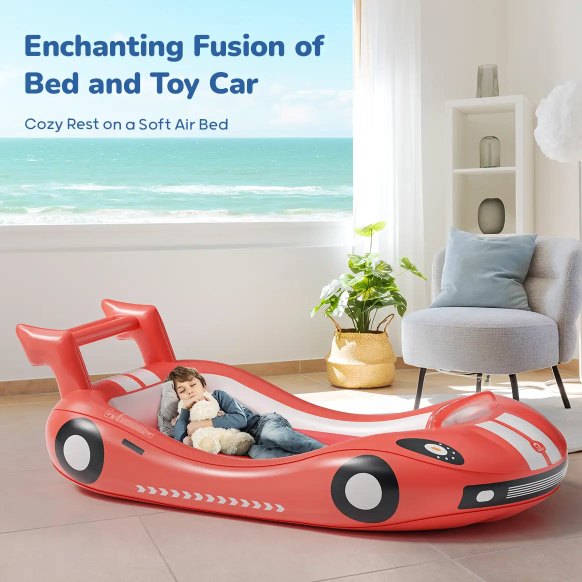 🛏️ Inflatable Kids Travel Bed, 👶 Toddler Airbed with Sides, Hand Pump Included, Portable Racing Car Design, Safe Materials for Camping, Traveling Hotel Home Use Self Inflating Bed Quick Inflate homeessentials