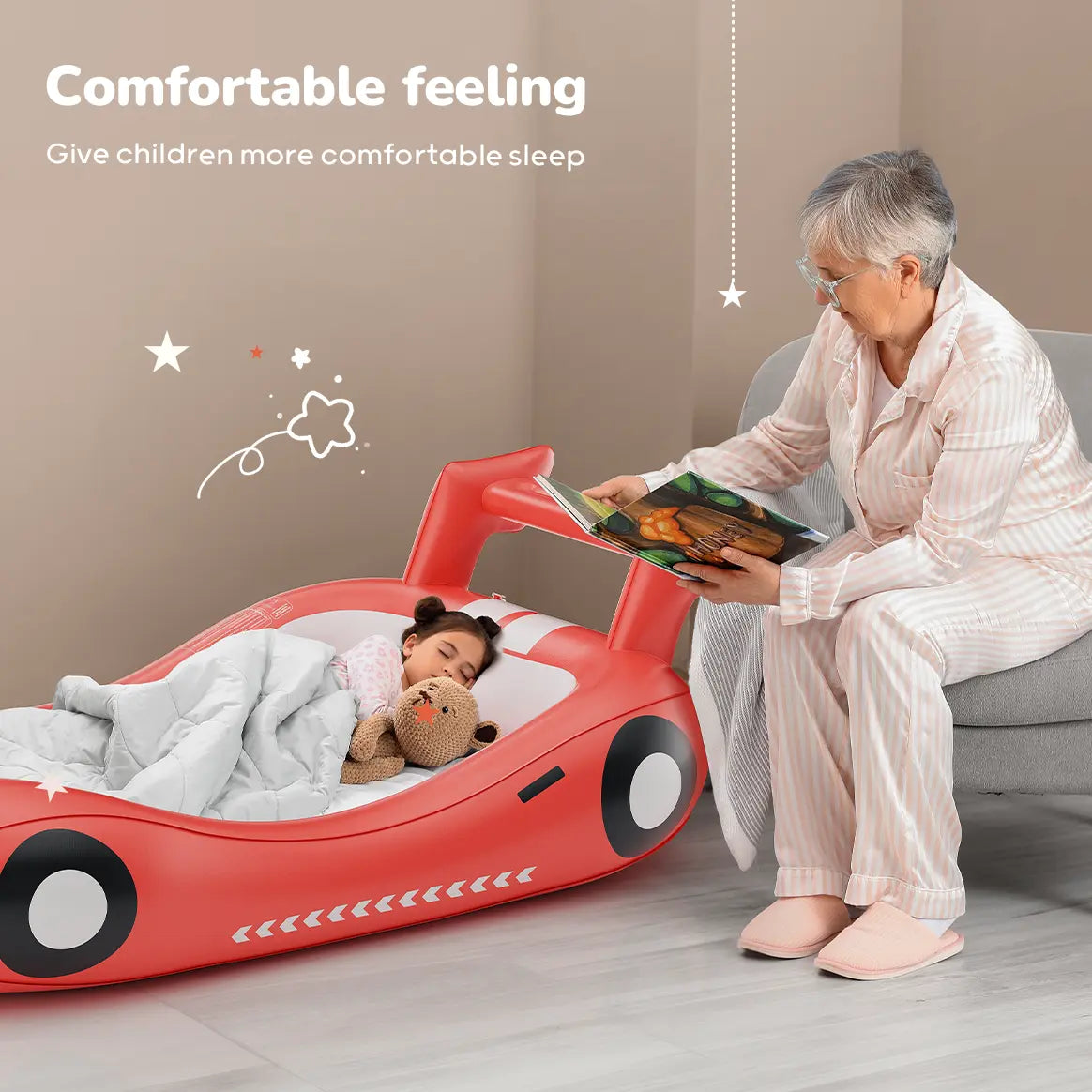 🛏️ Inflatable Kids Travel Bed, 👶 Toddler Airbed with Sides, Hand Pump Included, Portable Racing Car Design, Safe Materials for Camping, Traveling Hotel Home Use Self Inflating Bed Quick Inflate homeessentials