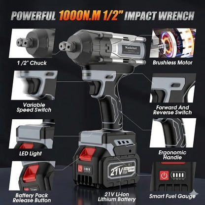 🔧 1000N·M Cordless Impact Wrench | 21V 3-in-1 Electric Power Tool with 2 Batteries & 5 Sockets