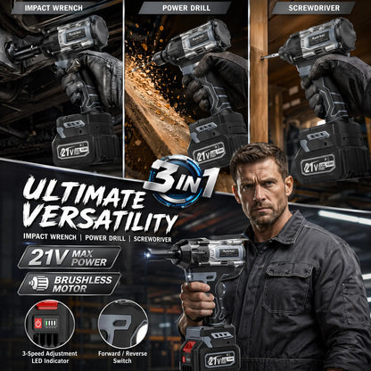 🔧 1000N·M Cordless Impact Wrench | 21V 3-in-1 Electric Power Tool with 2 Batteries & 5 Sockets