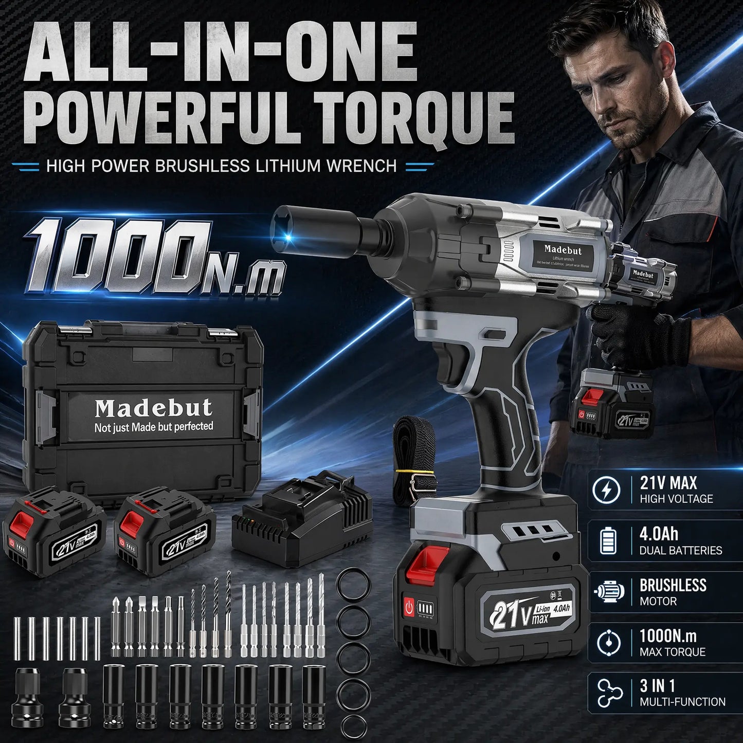 🔧 1000N·M Cordless Impact Wrench | 21V 3-in-1 Electric Power Tool with 2 Batteries & 5 Sockets