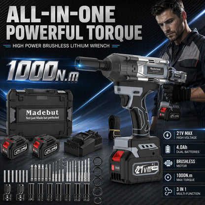 🔧 1000N·M Cordless Impact Wrench | 21V 3-in-1 Electric Power Tool with 2 Batteries & 5 Sockets