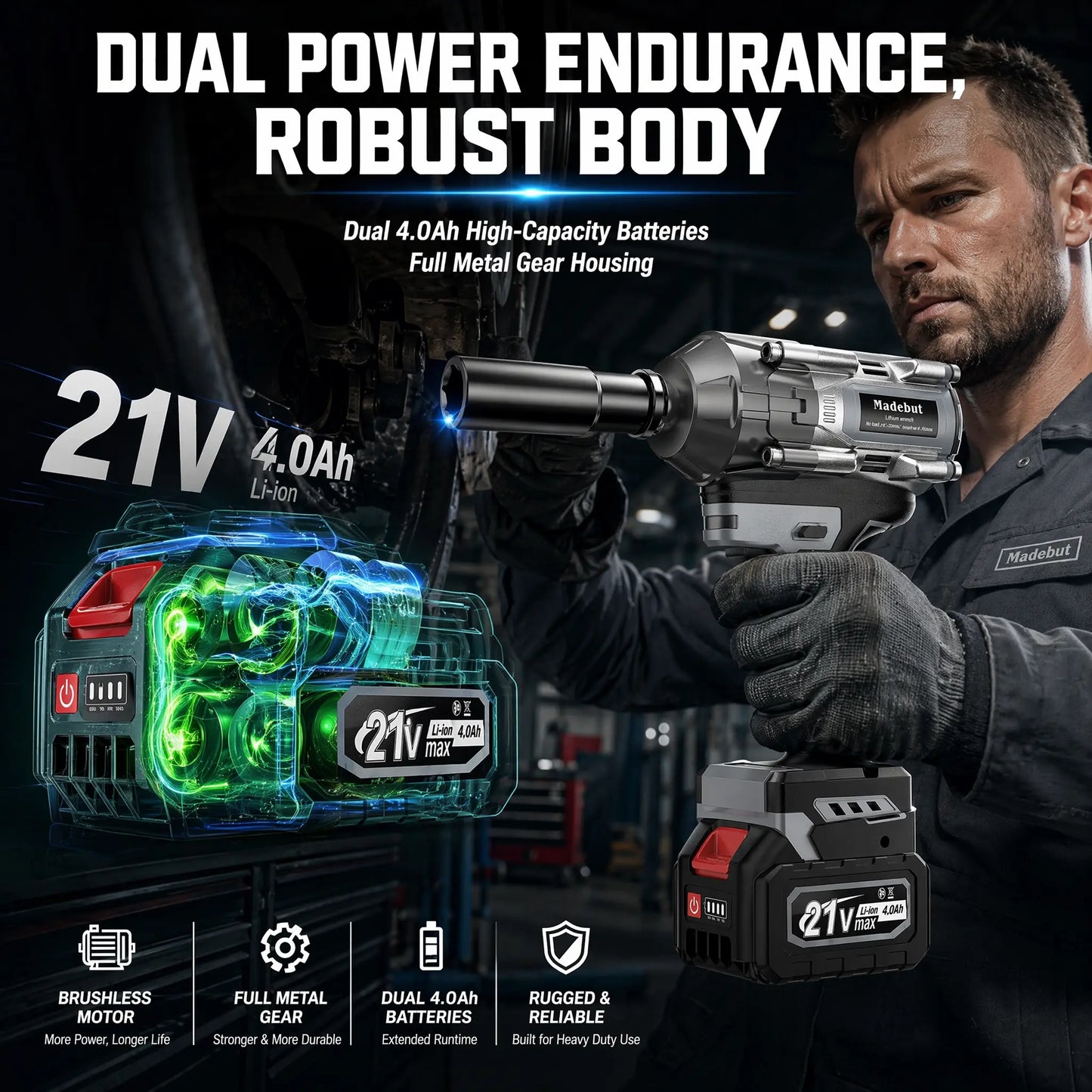 🔧 1000N·M Cordless Impact Wrench | 21V 3-in-1 Electric Power Tool with 2 Batteries & 5 Sockets