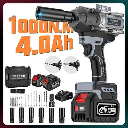 🔧 1000N·M Cordless Impact Wrench | 21V 3-in-1 Electric Power Tool with 2 Batteries & 5 Sockets