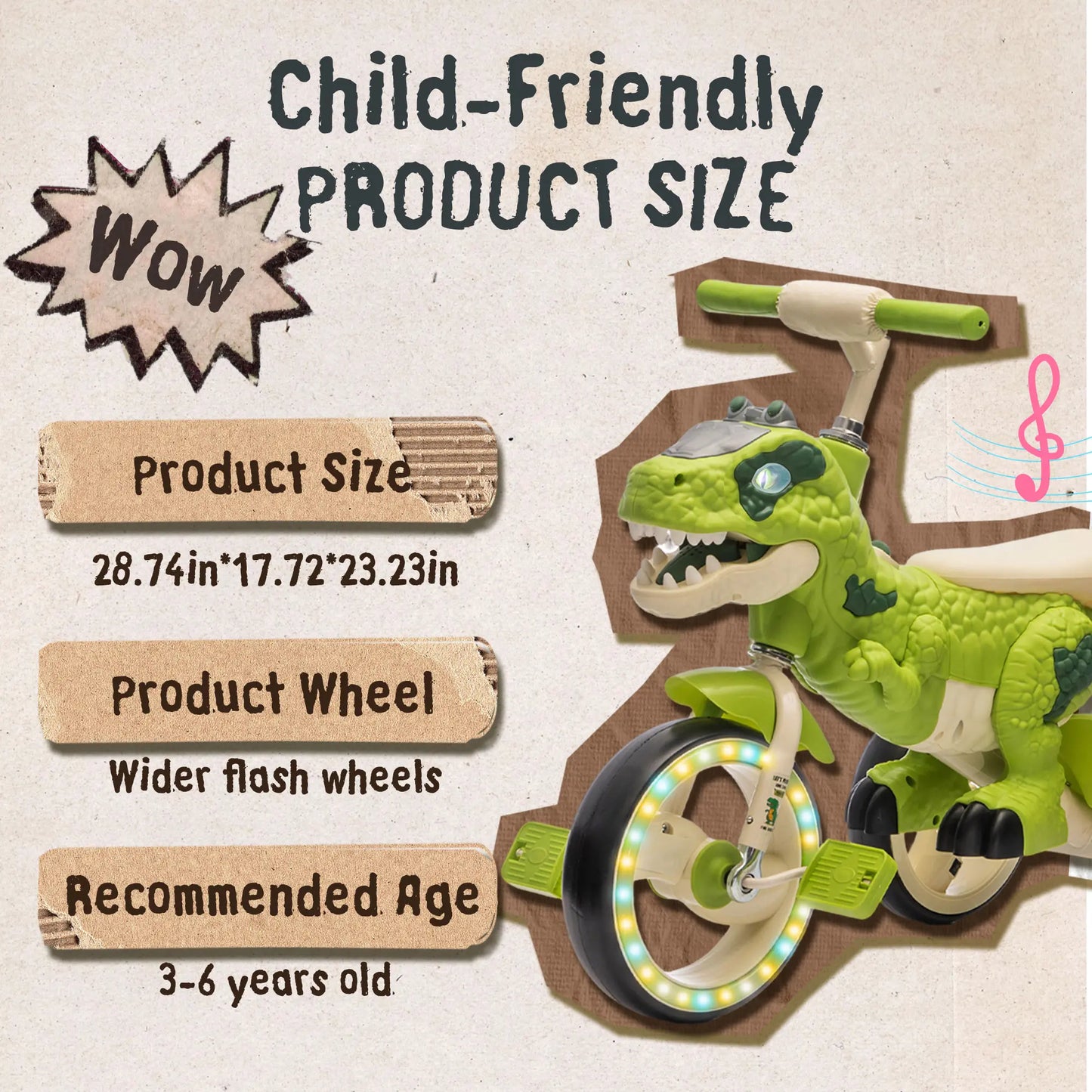 🦖 Kids Dinosaur Tricycle | Light-Up Toddler Ride-On Bike with Music, Storage Basket & Stable Wheels 🚲