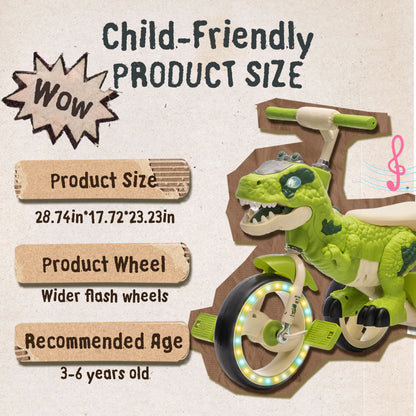 🦖 Kids Dinosaur Tricycle | Light-Up Toddler Ride-On Bike with Music, Storage Basket & Stable Wheels 🚲