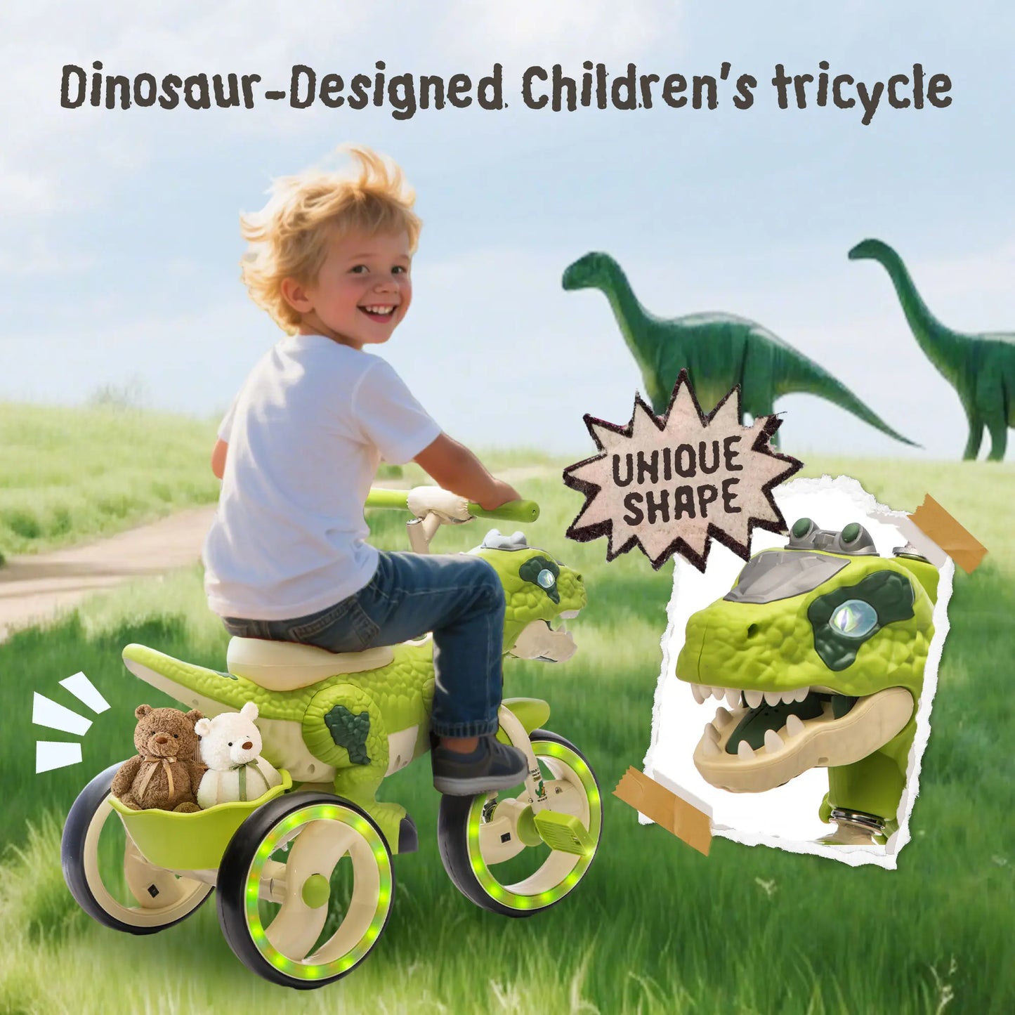 🦖 Kids Dinosaur Tricycle | Light-Up Toddler Ride-On Bike with Music, Storage Basket & Stable Wheels 🚲