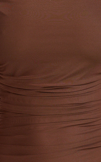 Judee Midi Dress - One Shoulder High Side Split Dress in Chocolate