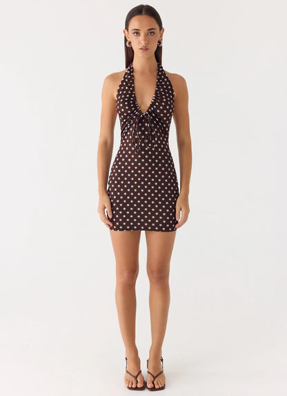 Ask You Twice Mini Dress - Chocolate Blue Dot