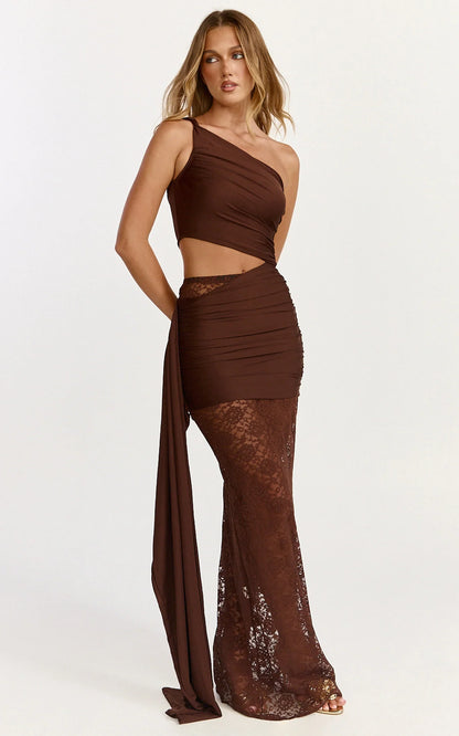 Ferguson Maxi Dress - One Shoulder Draped Jersey and Lace Dress in Chocolate