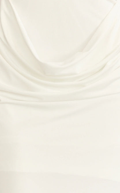 Heath Maxi Dress - Scoop Halter Neck With Drape Front Skirt Back Split Dress in Off White