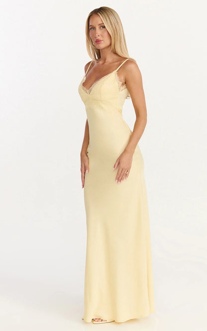 Kyra Maxi Dress - Lace Bust And Tie Back Satin Dress in Lemon