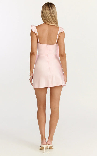 Belrose Mini Dress - Satin Square Neck Ruffle Front Bodycon Dress in Baby Pink