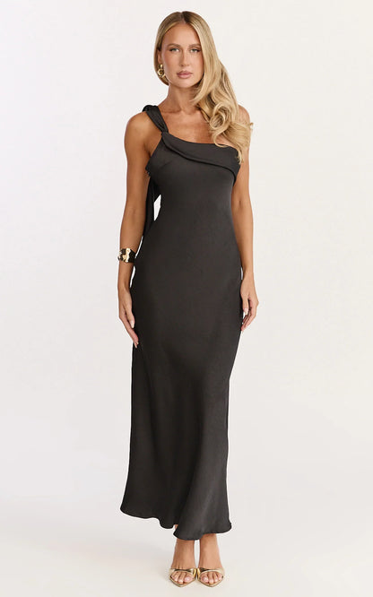 Calix Midi Dress - One Shoulder Slip Dress in Black