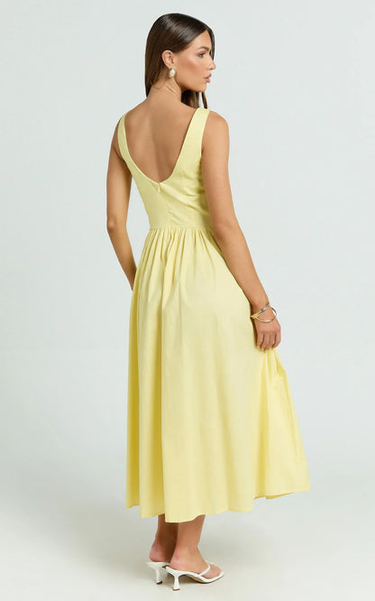 Beckett Midi Dress - Scoop Neck Drop V Waist Gathered Skirt Dress in Butter Yellow