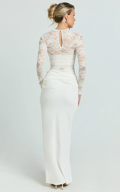 Crisanta Maxi Dress - Long Sleeve Contrast Lace Bodycon Dress in Ivory
