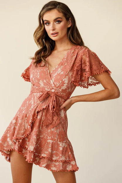 Cami Angel Sleeve Faux Wrap Dress Lace Rose