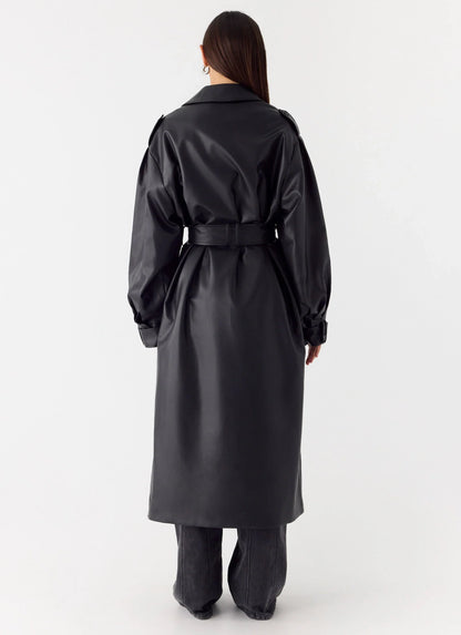 Out On The Town Faux Leather Midi Trench - Black